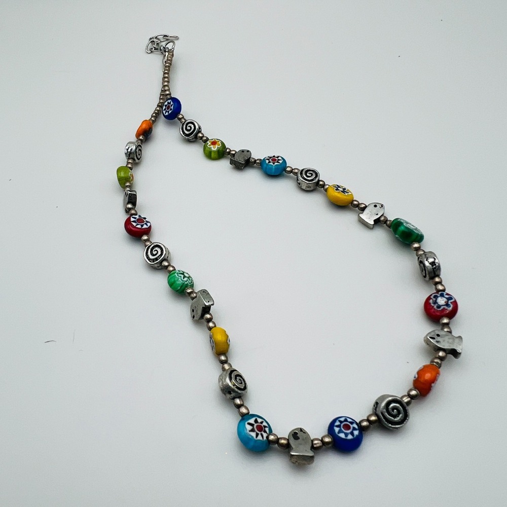 Multicolor Millefiori Beaded Necklace Silver Tone Spacers Fish Boho 16-18 Inch